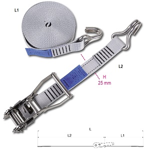 8293 Ratchet tie downs AISI 304 high-tenacity polyester belt, LC 300 kg, with hooks