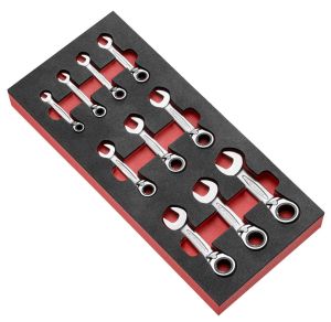 10-piece foam module of inch-size short ratchet combination wrenches