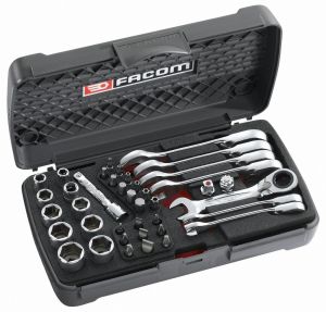 Ultra compact metric wrench, socket and bit set