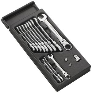 12-piece module of hinged combination wrenches and adaptors